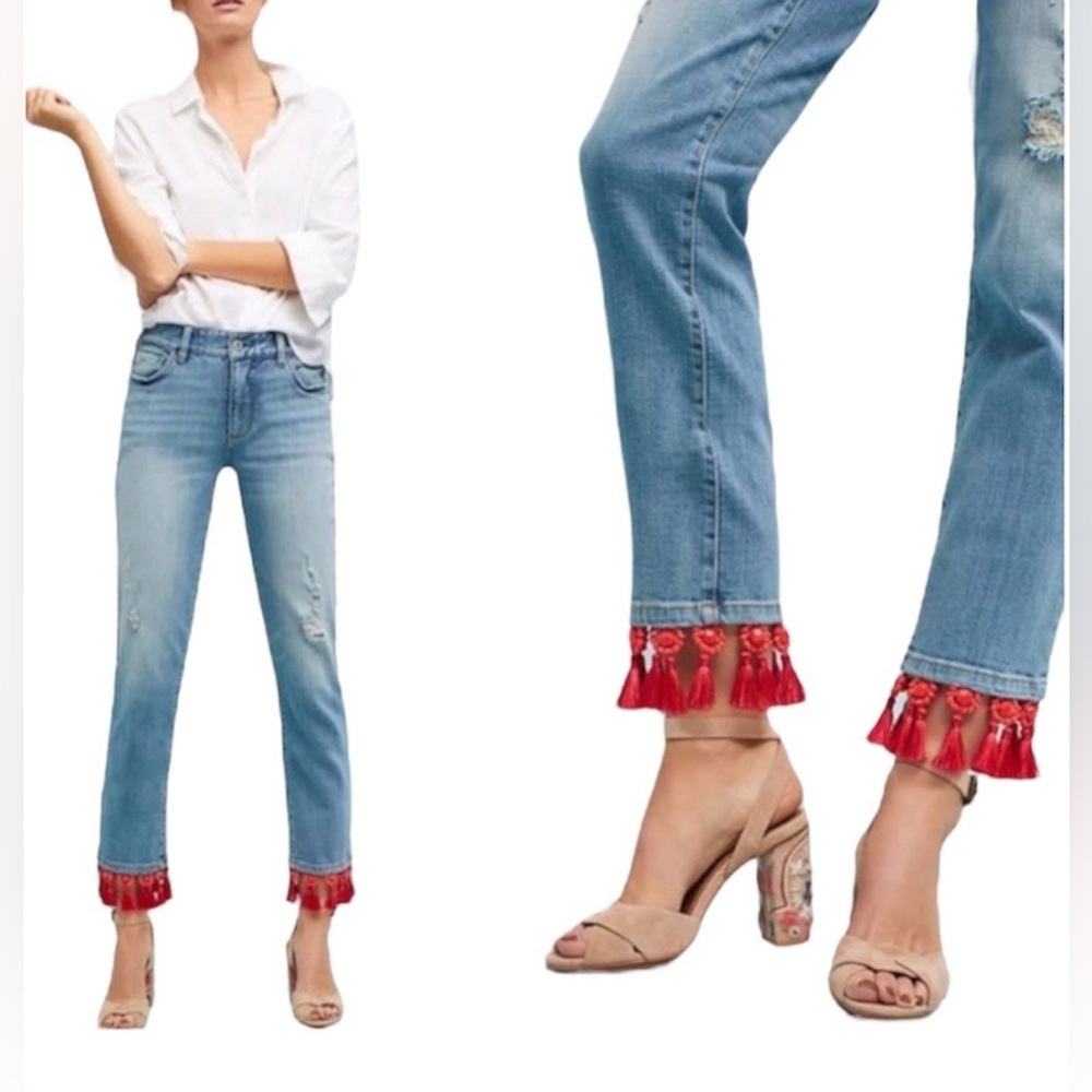 Anthropologie Pilcro and the letterpress slim boyfriend jeans bead & tassel trim